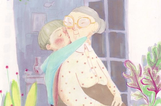 Die modernen Großmütter - Zeichnung Enkel küsst Oma