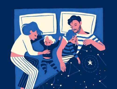 Ein Kind das nachts aufwacht - Zeichnung Familie schläft