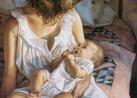 Es ist wichtig mit deinem Baby zu sprechen - Zeichnung Baby lächelt in Mamas Arm