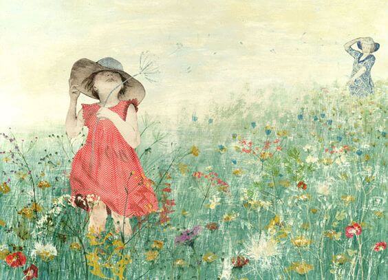 Mein Enkelkind - Zeichnung Oma und Enkelin auf Wiese