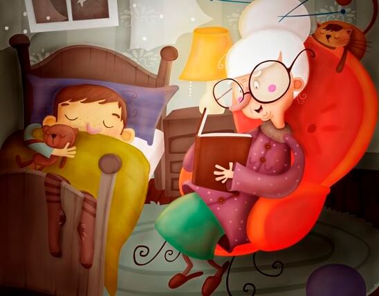 Mit Großeltern aufwachsen - Zeichnung Großmutter liest Enkel vor