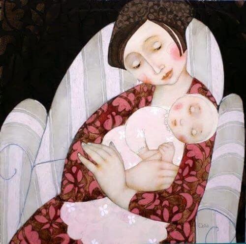 Mütter schlafen nicht - Zeichnung Baby schläft auf Mamas Arm