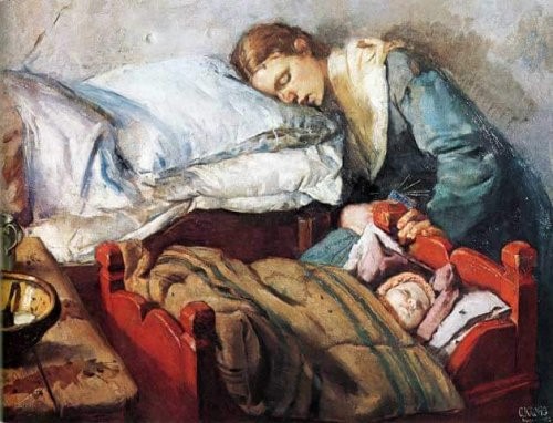 müde Mutter - Mutter schläft neben Krippe