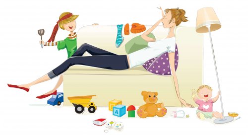 sehr erschöpft - Zeichnung Mutter auf Sofa