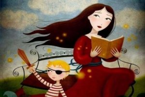 Mutter liest Kind Geschiche vor