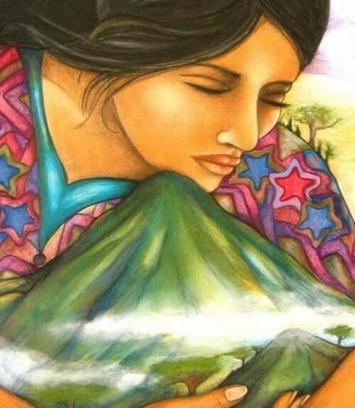 Bedingungslose Liebe: gemalte Frau, die die Welt umarmt