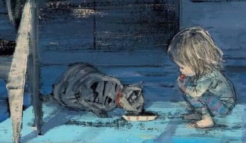 Zeichnung eines Kindes mit Katze von Komako Sakai