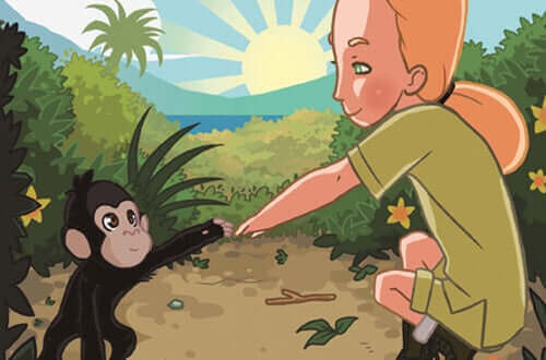 Wissenschaftlerinnen - Zeichnung Frau mit Schimpanse